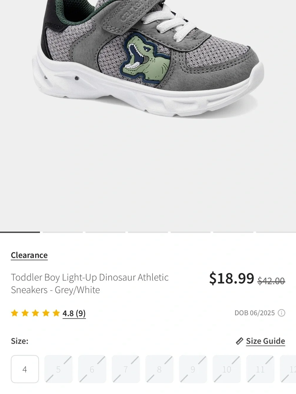 Carter's Gray and White Toddler dinosaur Sneakers with lights